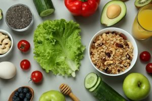 Concept of healthy nutrition on light gray background