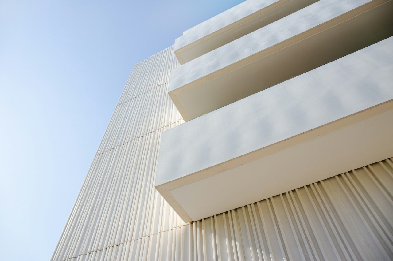 Low angle view of balconies on a modern building facade
