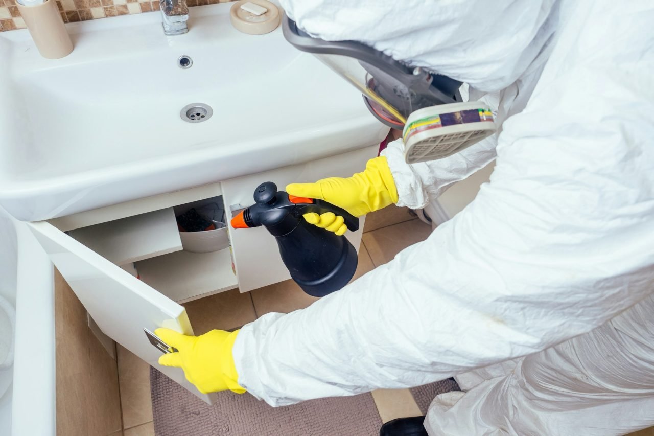 pest control worker spraying pesticides with sprayer in bathroom:processing the toilet and shower
