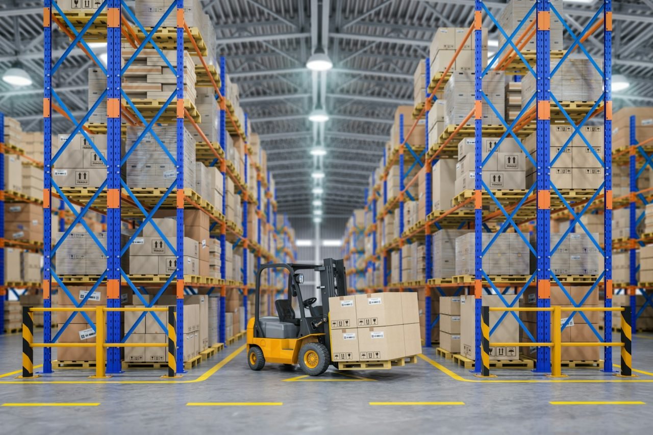 Forklift truck in warehouse or storage and shelves with cardboar