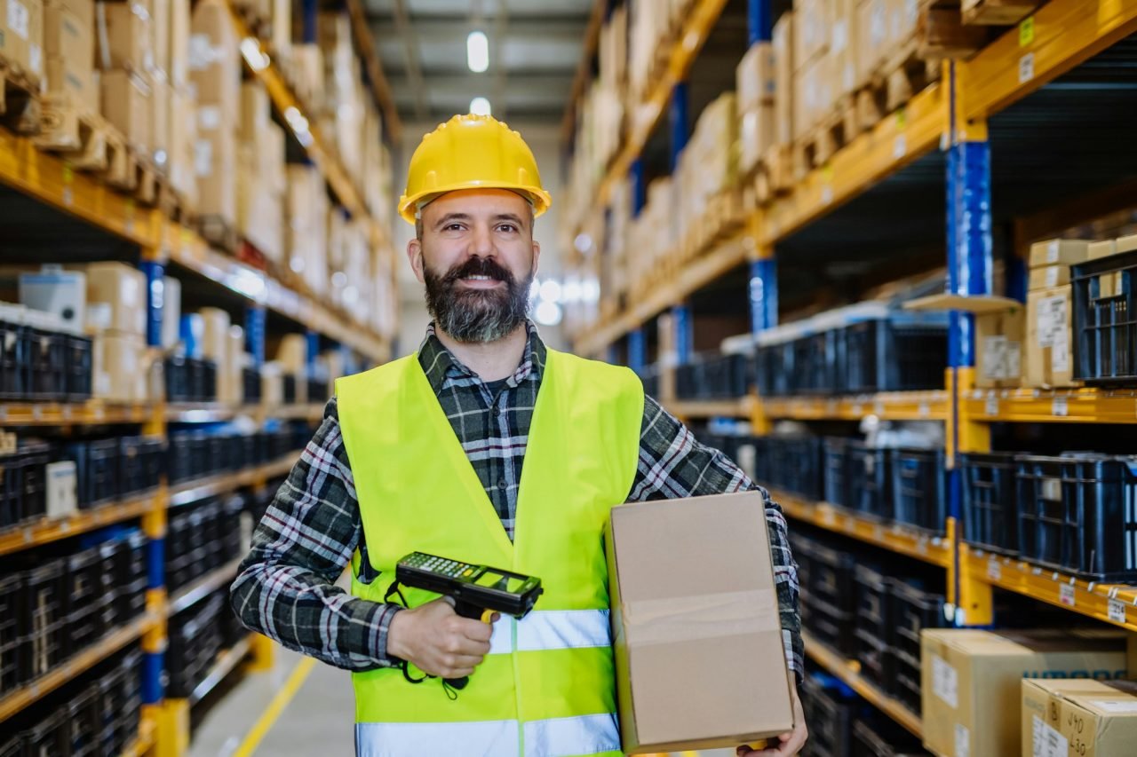 Warehouse worker stocking goods in a warehouse.