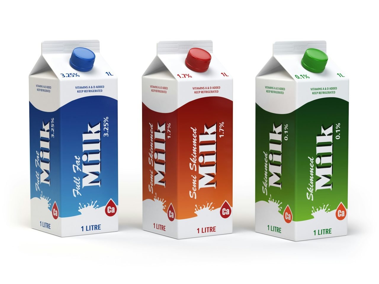 Milk carton packs isolated on white. Milk boxes.