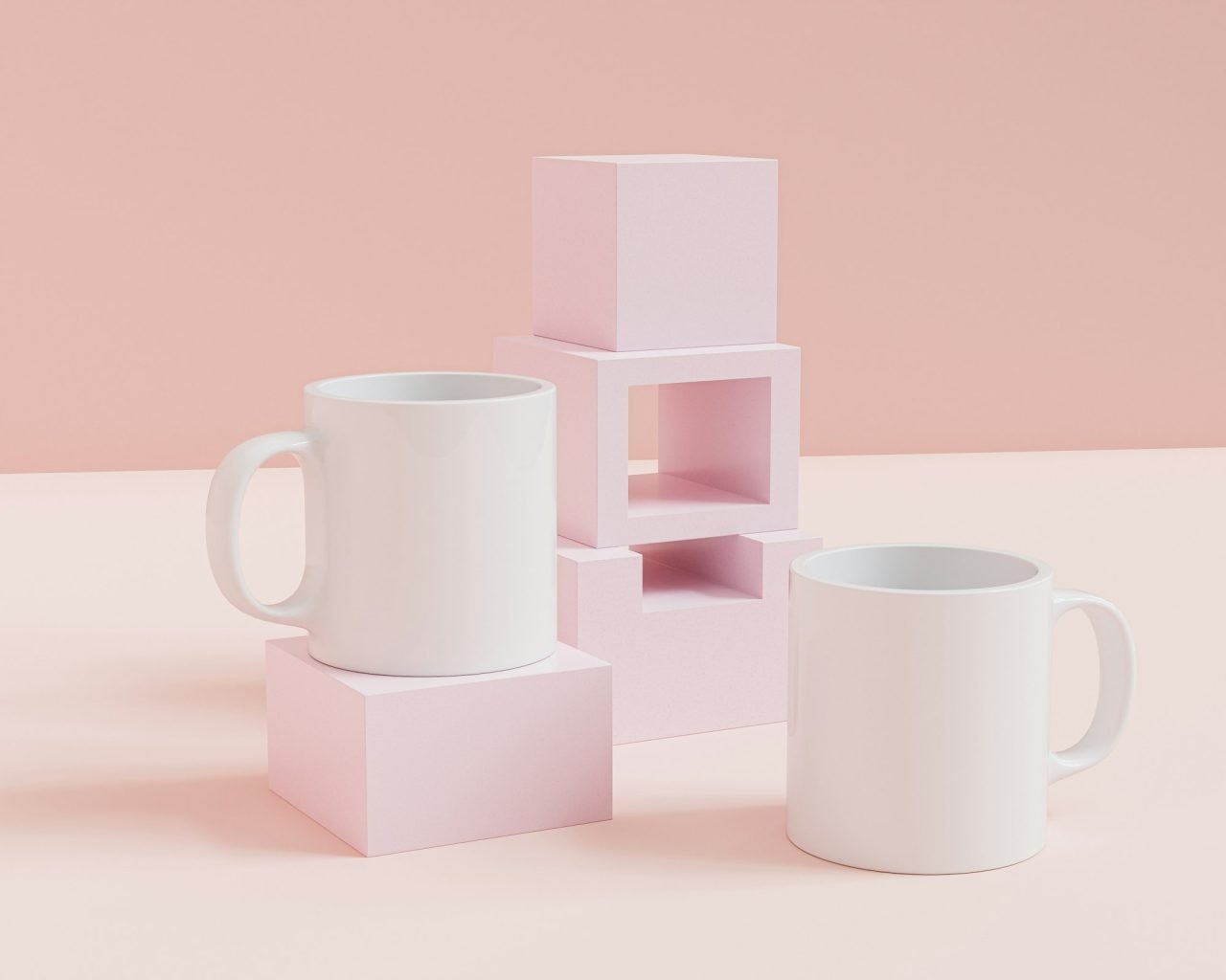 Mockup with white mug, cup for tea or coffee on pink background