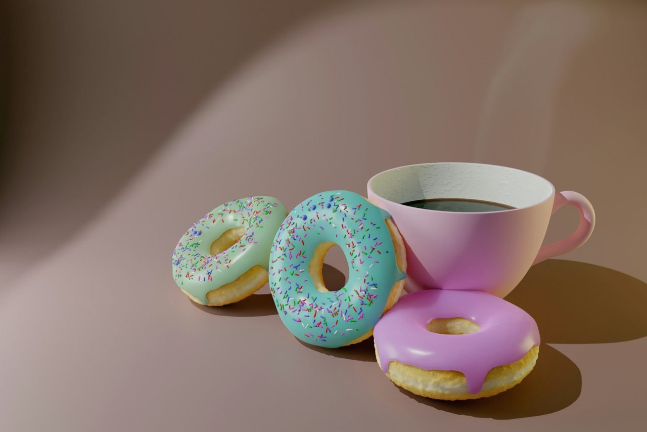 Colorful donuts and coffee 3d render