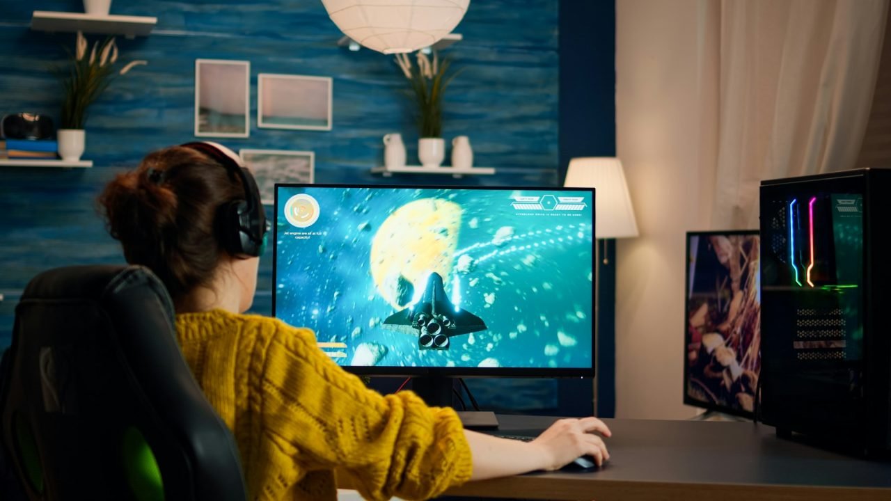 E-sports gamer skilfully plays 3D shooter mock-up video game