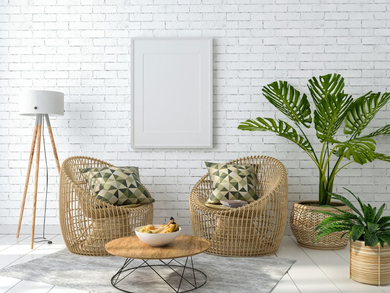 3D illustration Mockup photo frame in living room rendering