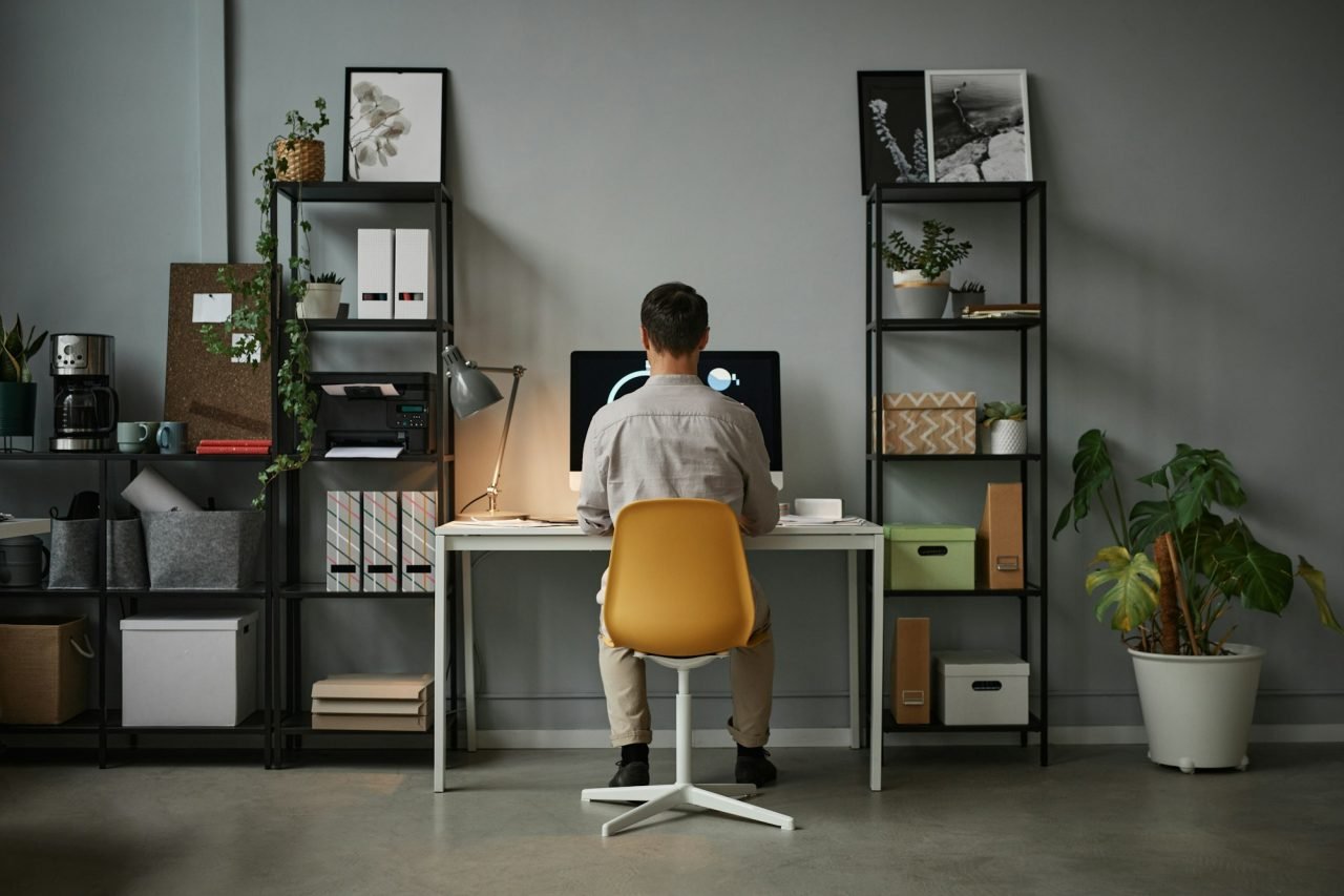 Man Working at Home office Back View