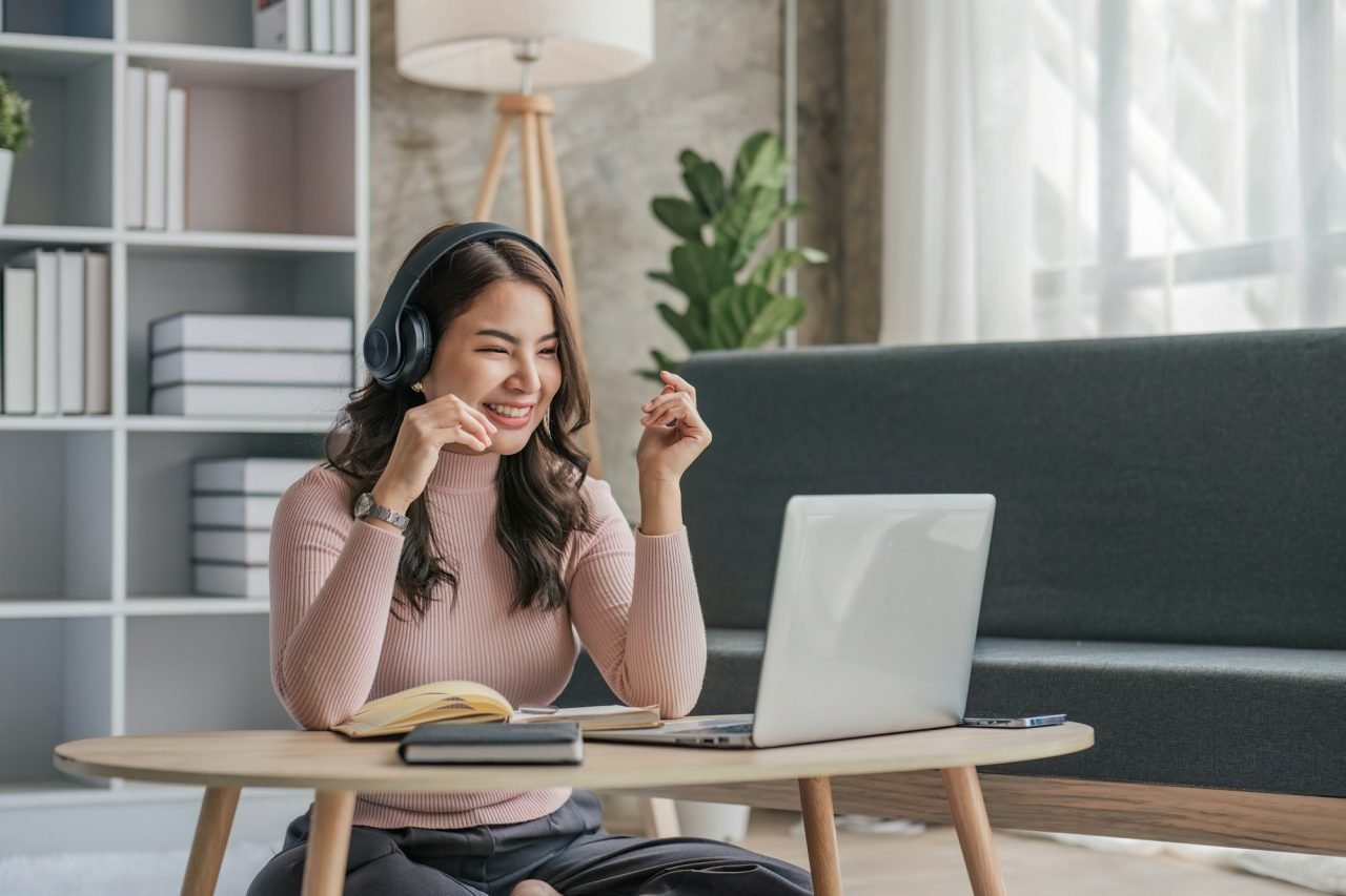 Asian girl student online learning class study online video call zoom teacher, Happy asian girl