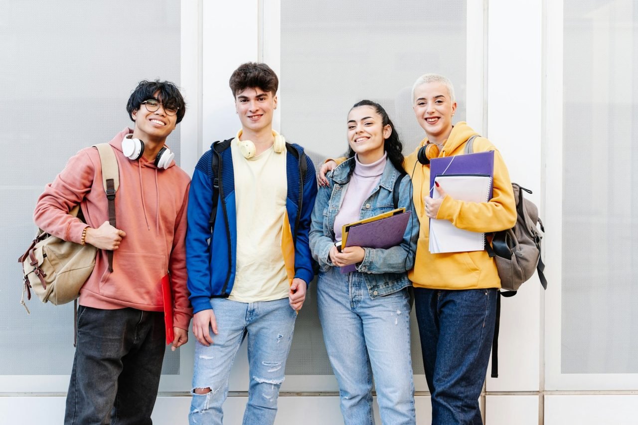 College Student friends in the Campus. Students ready to start academic classes of their University