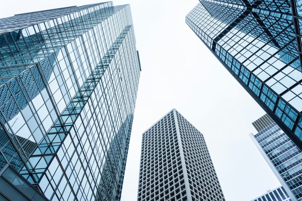 Bottom view of the office tower skyscraper