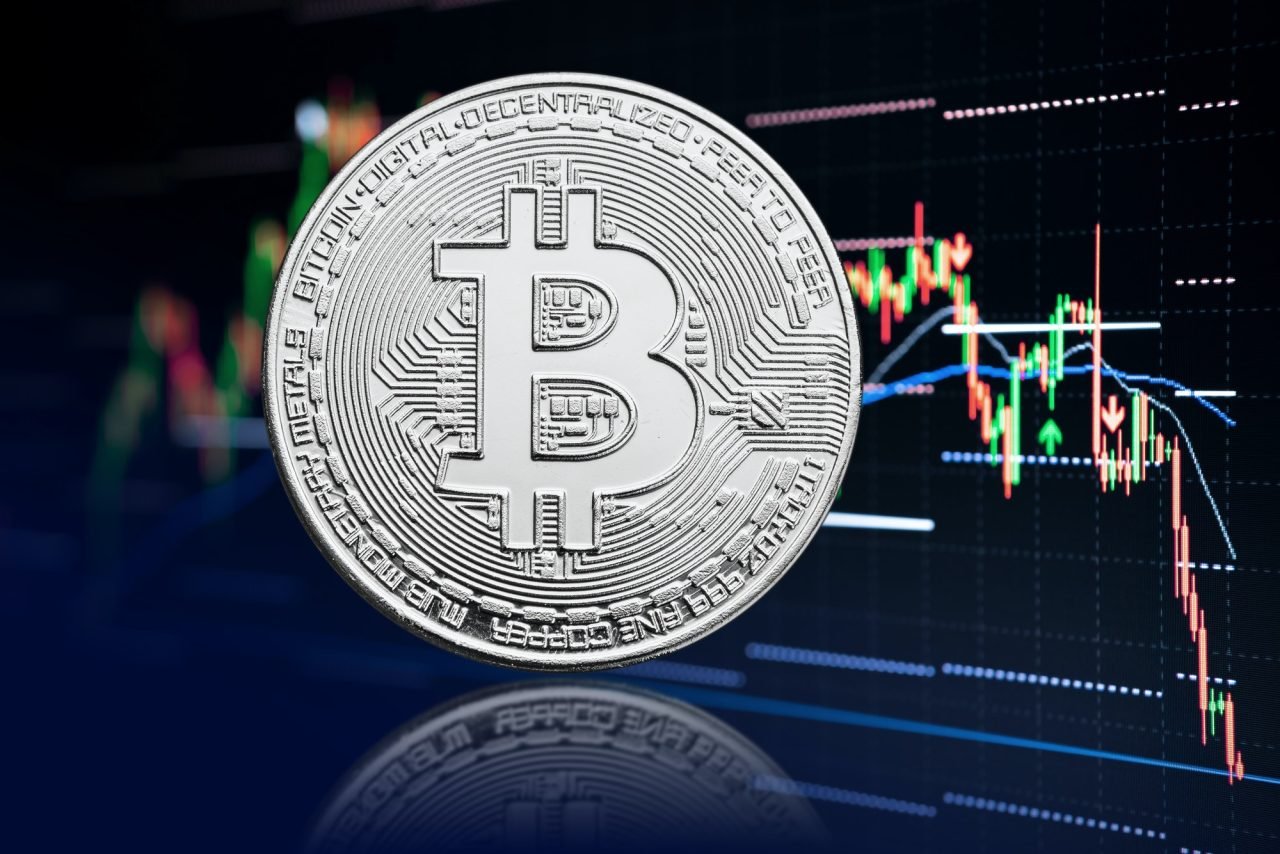 Bitcoin coin and stock chart background
