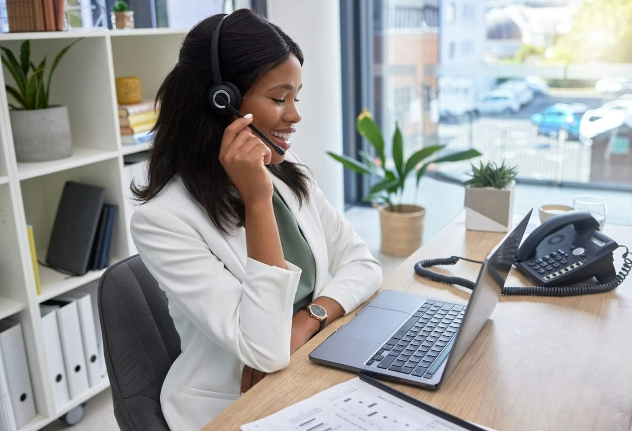 Virtual assistant, call center woman and laptop for communication, telemarketing or consulting in o
